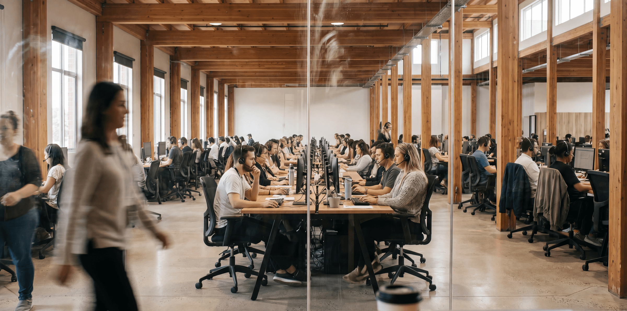 A busy enterprise operations floor seen through a glass wall